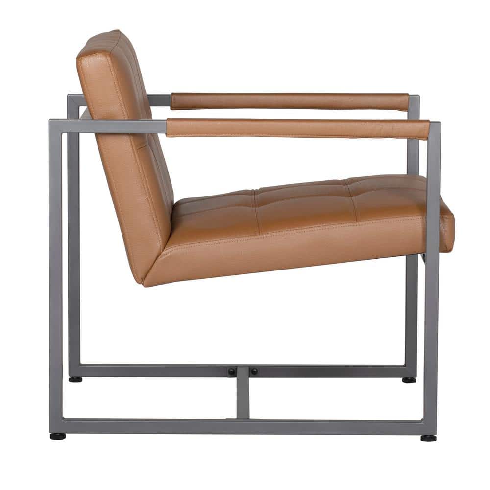 Caramel Leather Mid-Century Modern Metal Accent Chair