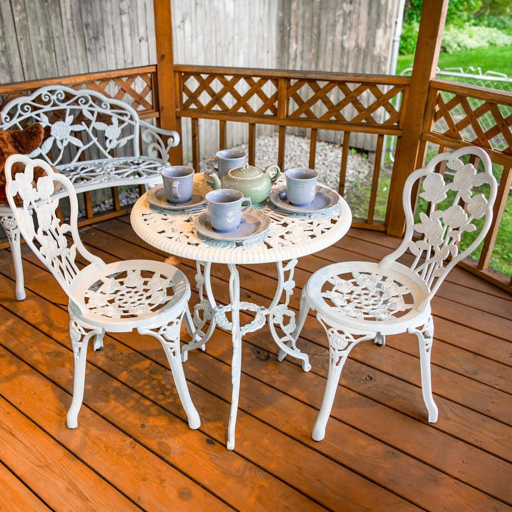 White Cast Aluminum Floral Bistro Set with Iron Legs