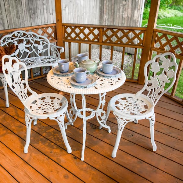 Sunnydaze White Flower 3 Piece Cast Aluminum Round Outdoor Bistro Set YUK 778 The Home Depot