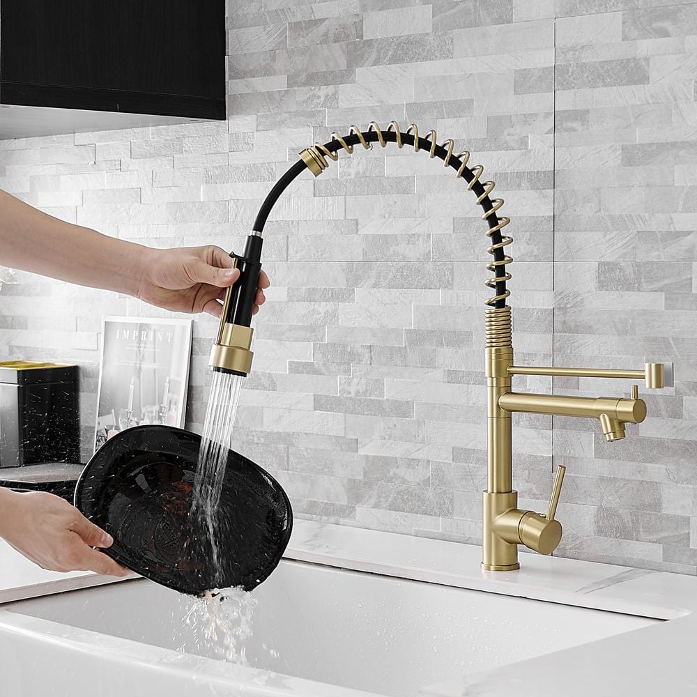 Brushed Gold Brass Pull-Down Kitchen Faucet with Spray
