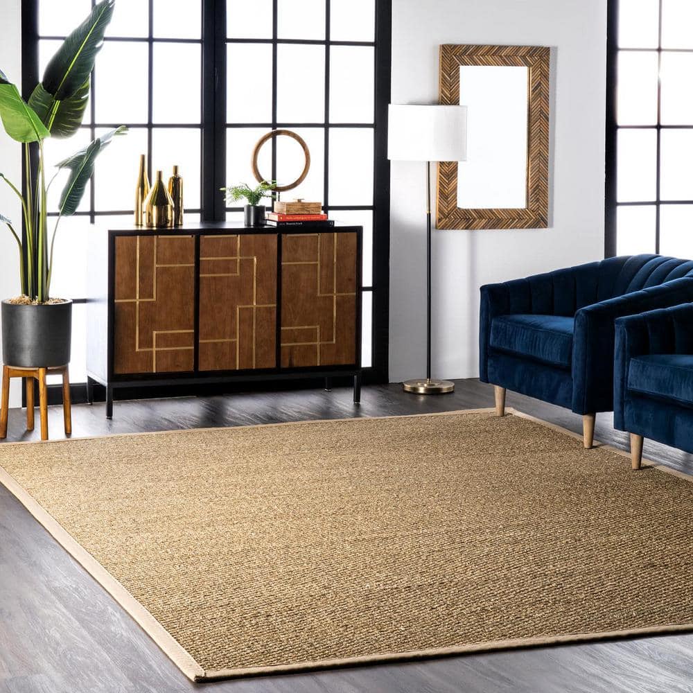 Beige Seagrass 8' Square Area Rug with Cotton Border