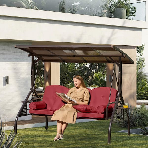 Zeus & Ruta 3-Seat Red Patio Porch Swing with Adjustable