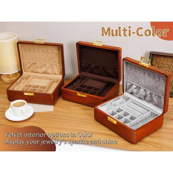 Solid Walnut Jewelry Box with Lock, 2-Layer Velvet Organizer for