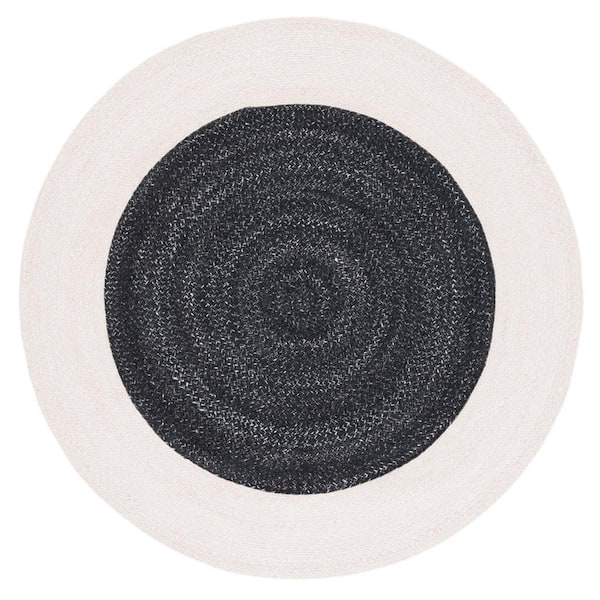 SAFAVIEH Braided Black Ivory Doormat 3 ft. x 3 ft. Abstract Border Round Area Rug