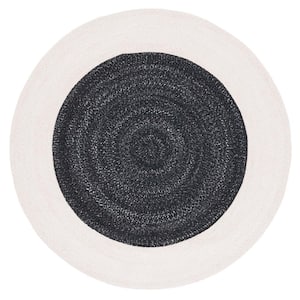 Braided Black Ivory 4 ft. x 4 ft. Abstract Border Round Area Rug