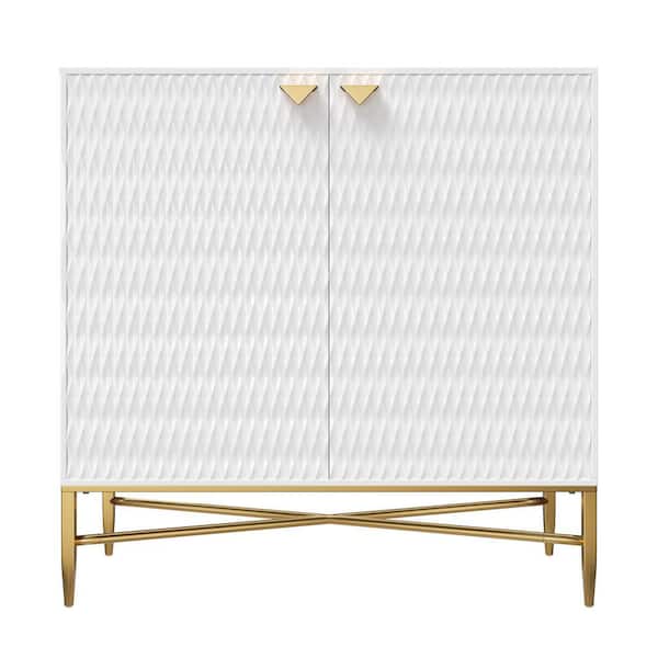 Modern High Gloss White 33 in. Accent Cabinet with Diamond Doors Gold Metal Legs and Adjustable Shelf