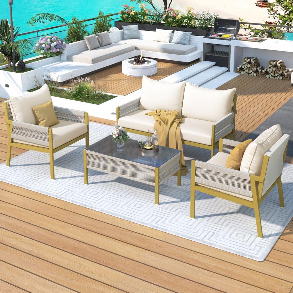4-Piece Rope Patio Furniture Set, Outdoor Conversation Set W/Tempered Glass