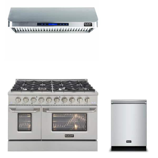 Kucht Bundle 48 in. 6.7 cu.ft. Pro-Style Natural Double Oven Gas Range, Range Hood, Dishwasher 24 in. in Stainless Steel