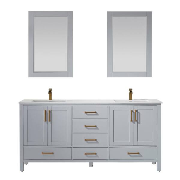 ROSWELL Shannon 72 in. Bath Vanity in Grey with Manufactured Stone Vanity Top in White with White Basins and Mirror
