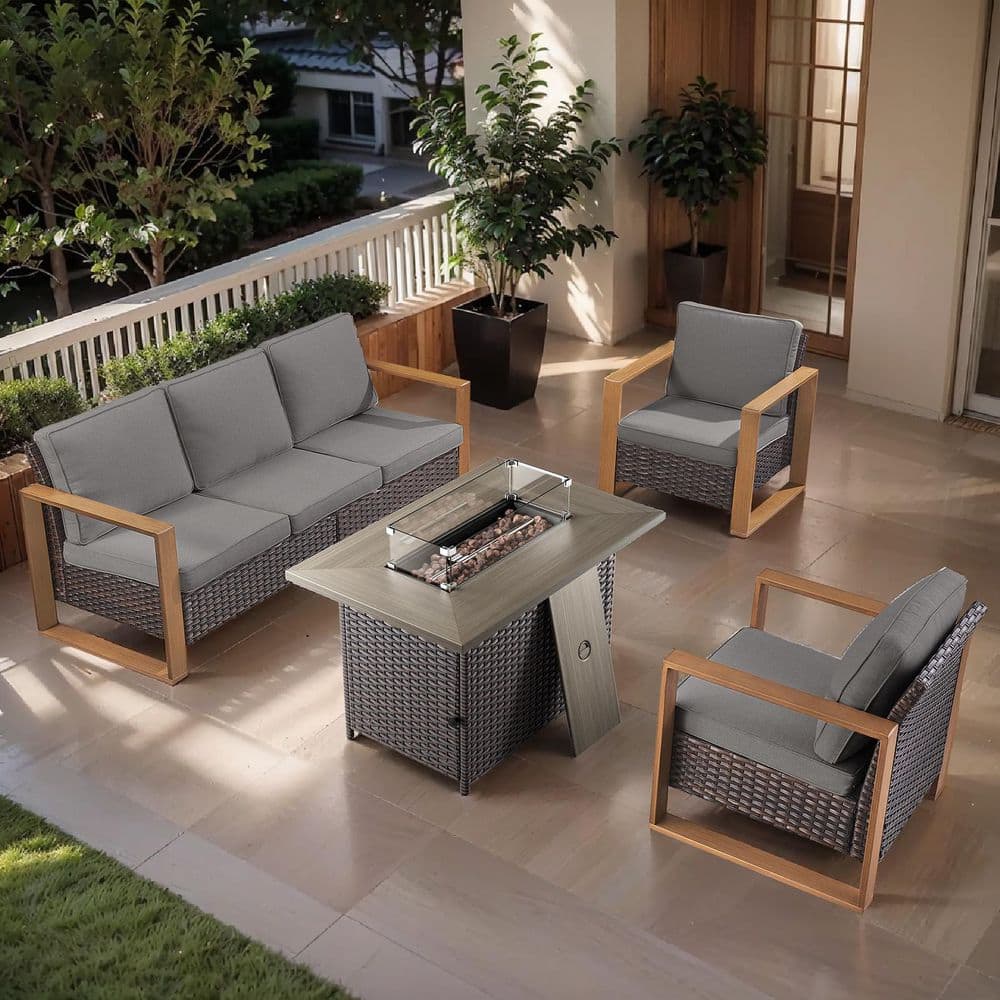 Cube Edge 4-Piece Brown Wicker Fire Pit Conversation Set with Olefin Gray Cushions and Couch/ Patio Lounge Chairs