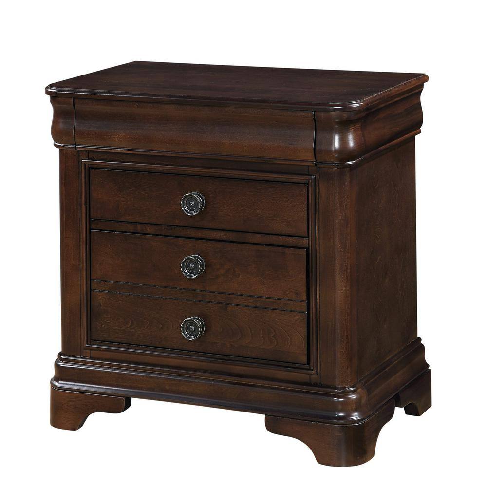 Traditional Cherry 3-Drawer Nightstand with Hidden Storage