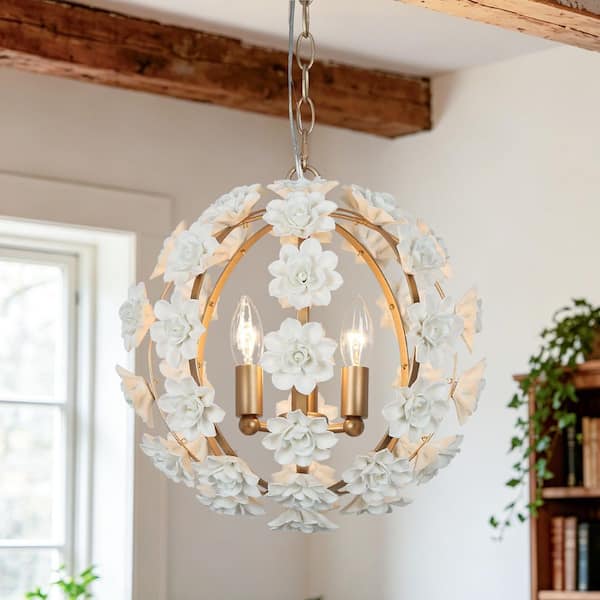3-Light Gold Globe Chandelier with White Ceramic Flowers