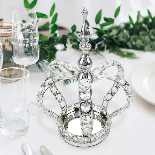 LIVING LUXURY Silver Table Decor Decorative Crown Crystal Bead Metal Accent Piece with Mirror 10.5 in.