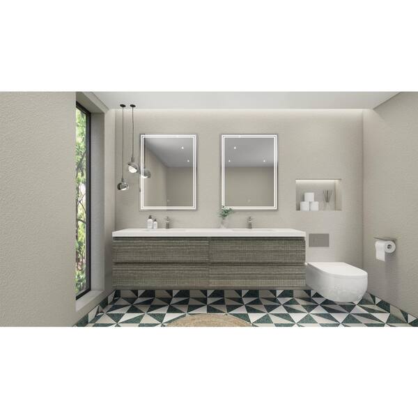Unbranded Bohemia 84 in. W Bath Vanity in High Gloss Ash Gray with Reinforced Acrylic Vanity Top in White with White Basins