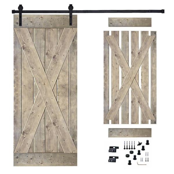 Akicon 30 in. x 84 in. Dark Walnut Painted Wood Sliding Door with Hardware Kit, Pre-Drilled Ready to Assemble