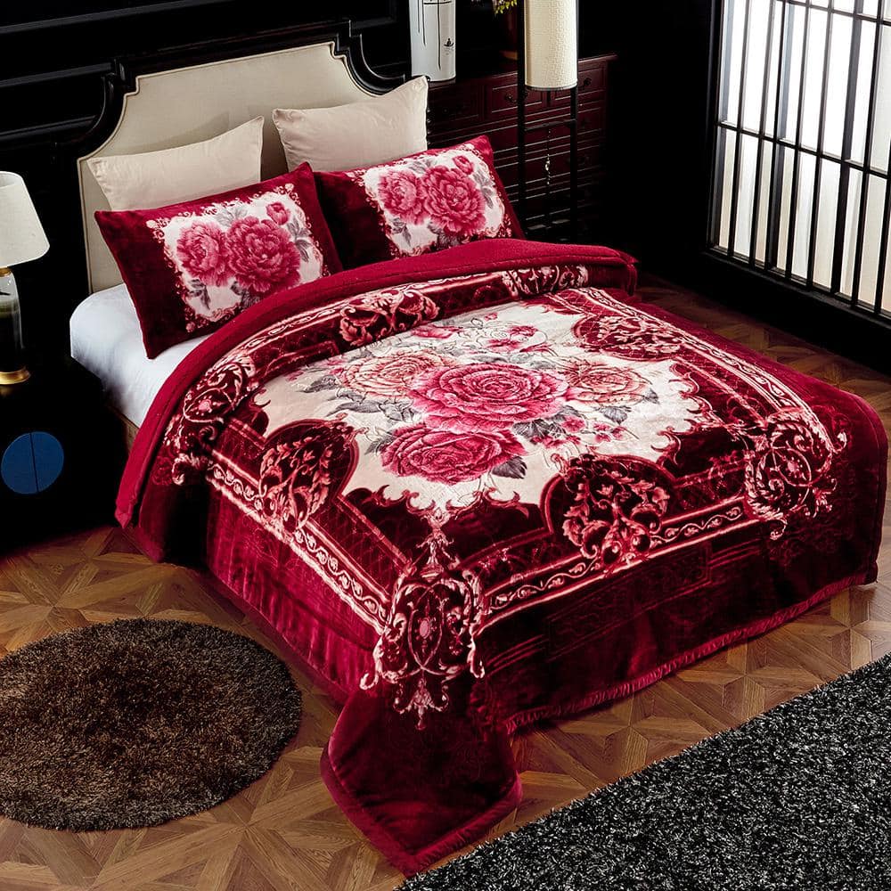 King Burgundy Floral Sherpa Fleece Reversible Blanket Set