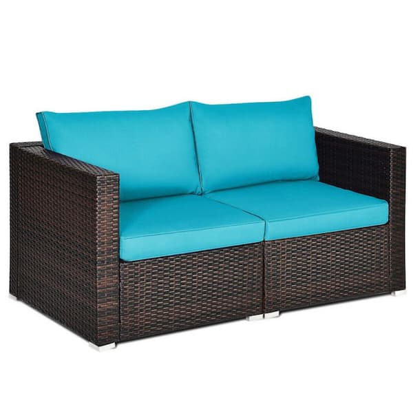 Clihome 2-Piece Wicker Outdoor Patio Sectional Rattan Conversation Sofa Set with Turquoise Cushions