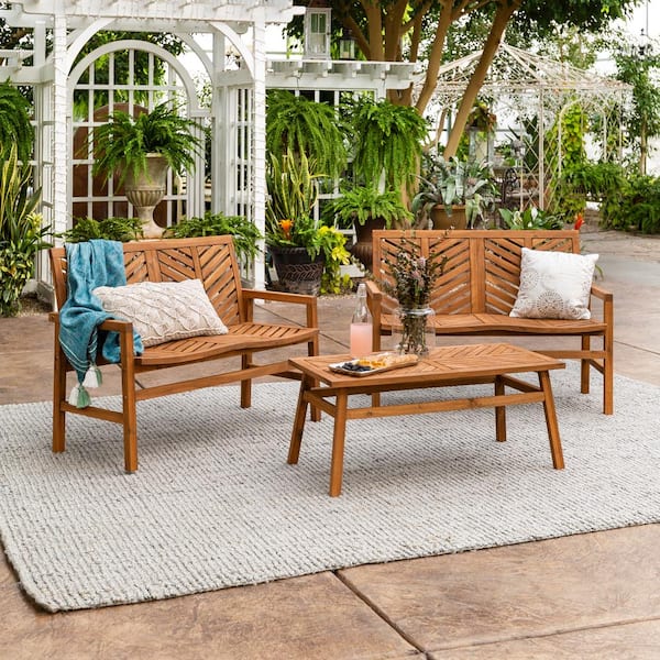 Walker Edison Furniture Company Chevron Brown 3-Piece Wood Outdoor Patio Loveseat Chat Set