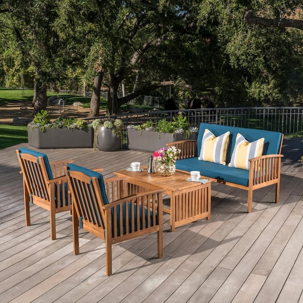 Unbranded 4-Piece Wicker Outdoor Patio Conversation Set with Coffee Table and Teal Waterproof Cushions for Garden, Backyard