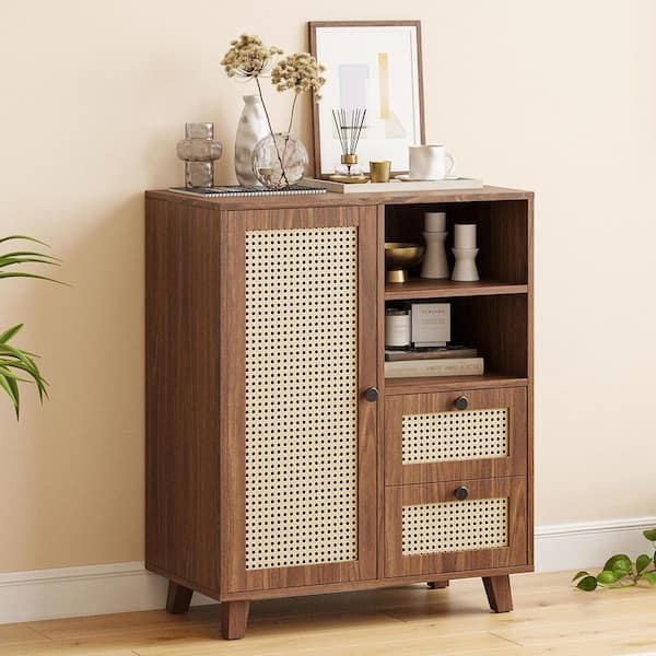 Mid Century Modern Walnut Wood Buffet Cabinet with Rattan Doors, Drawers and Adjustable Shelf