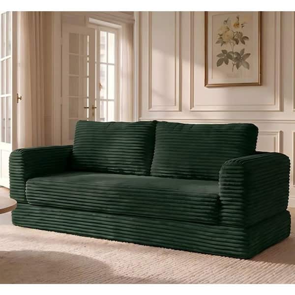 Modern 55.12 in. Round Arm Corduroy Rectangle Convertible Sleeper Sofa Bed in Green Compressed Couch
