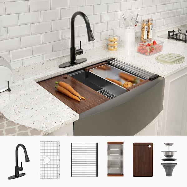33 in. Farmhouse/Apron-Front Single Bowl Nano PVD Gunmetal Black Stainless Steel Workstation Kitchen Sink with Faucet