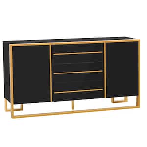 59 in. W x 15.7 in. D x 31.5 in. H Black Wood Linen Cabinet with Doors, Drawers, Adjustable Shelves and Gold Metal Legs