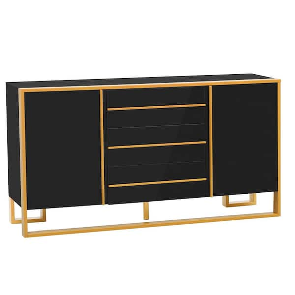 Unbranded 59 in. W x 15.7 in. D x 31.5 in. H Black Wood Linen Cabinet with Doors, Drawers, Adjustable Shelves and Gold Metal Legs