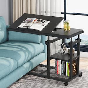 31.5 in. Mobile Black Height Adjustable C-shaped Table Particle Board End Table with Wheels and Storage Shelves