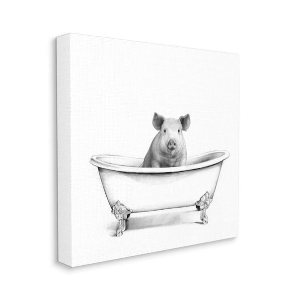 Stupell Industries "Hog in Bath Tub Minimal Bathroom Sketch" by Victoria Borges Unframed Animal Canvas Wall Art Print 17 in. x 17 in.