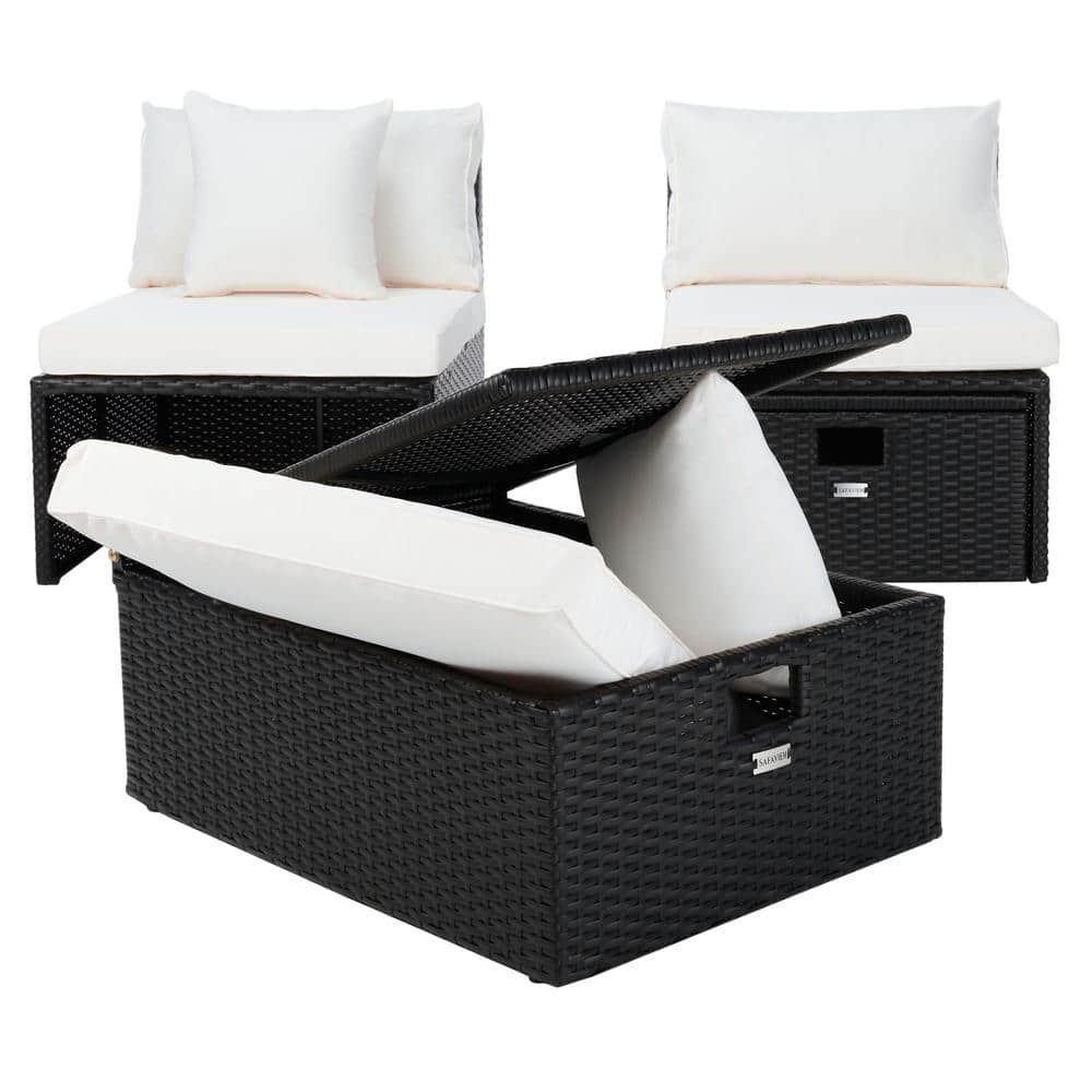 Pramla Black and Beige Wicker 2-Piece Outdoor Settee with Ottoman