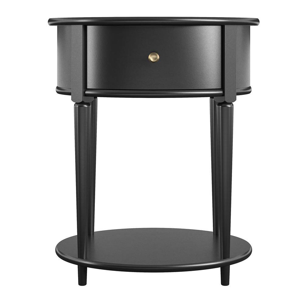 Abelia 21.6 in. Black Round End Table with Drawer and Shelf