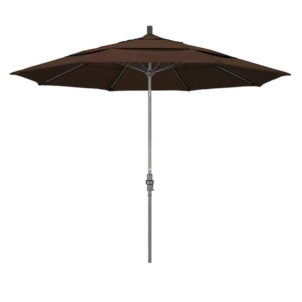 California Umbrella 11 ft. Hammertone Grey Aluminum Market Patio Umbrella with Collar Tilt Crank Lift in Mocha Pacifica