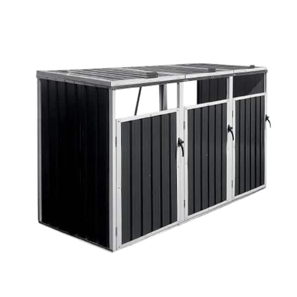 32.2 in. W x 87.4 in. D x 47.7 in. H Gray Steel Trash Can Storage, Durable Outdoor Garbage Bin Shed Stores 3 Trash Cans