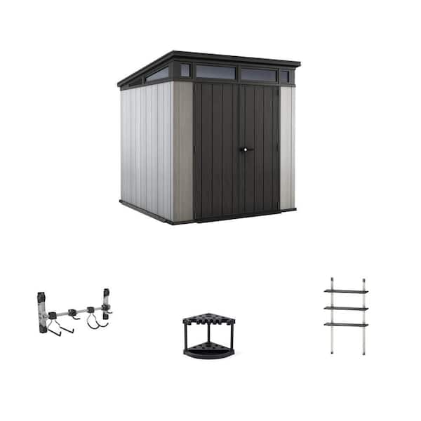 7 ft. x 7 ft. Resin Shed, Hook Hanger, 22 in. x 21 in. Corner Rack and 12 in. x 40 in. Shelving Kit Combo