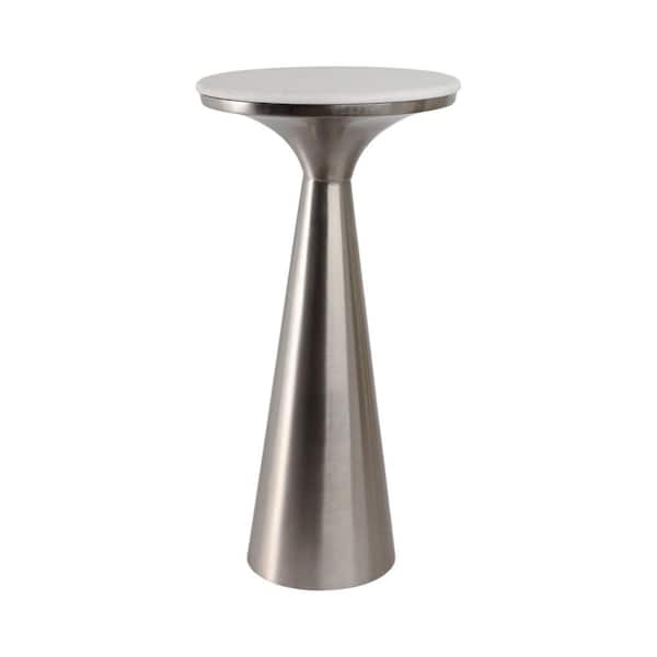 11 in. Silver Round Marble Accent Table with Sleek Tapered Base