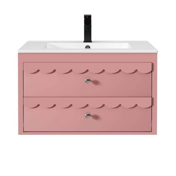 30 in. W x 18.3 in. D x 18.1 in. H Floating Single Sink Bath Vanity in Pink with White Ceramic Top and Drain Faucet Set
