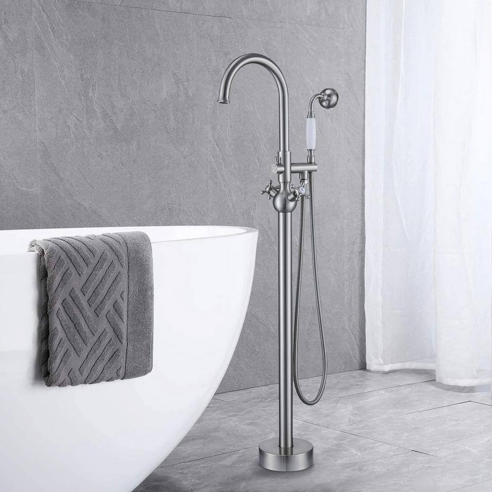 Brushed Nickel Freestanding Tub Filler with Handheld Shower