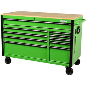 52 in. W x 24.5 in. D 10-Drawer Green Mobile Workbench with Solid Wood Top