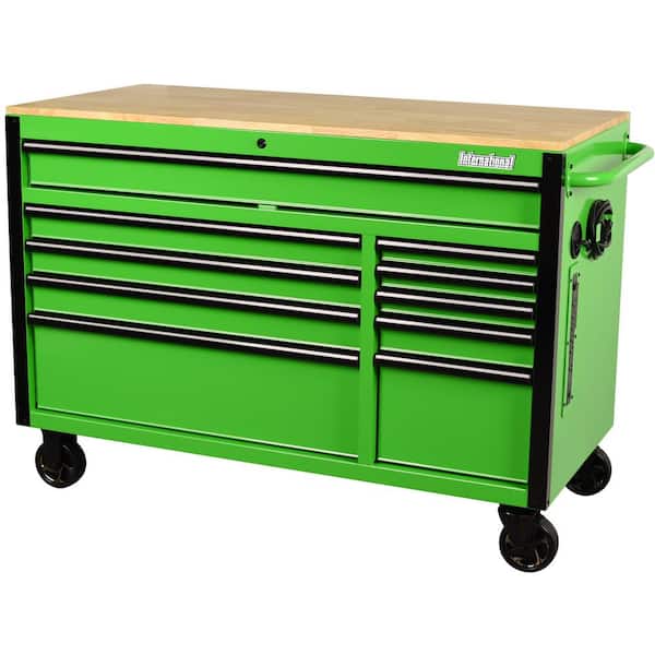 International 52 in. W x 24.5 in. D 10-Drawer Green Mobile Workbench Cabinet with Solid Wood Top