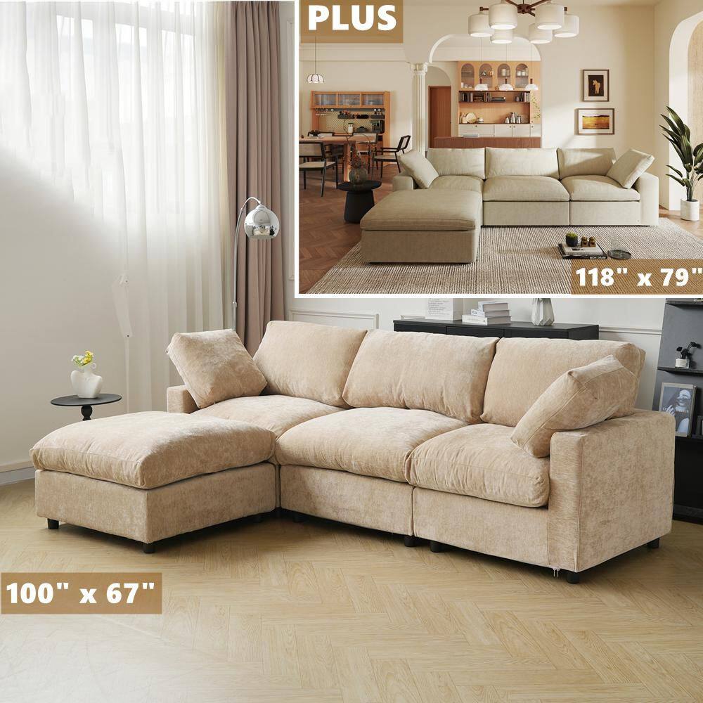101 in. Square Arm Chenille Fabric 4-Piece Modular Free Combination Sectional Sofa with Ottoman in. Khaki price history on PriceWatchPro