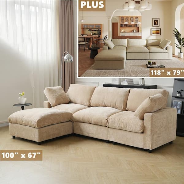101 in. Square Arm Chenille Fabric 4-Piece Modular Free Combination Sectional Sofa with Ottoman in. Khaki