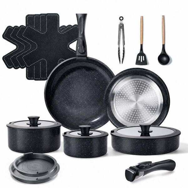 Ceramic Nonstick Cookware Set with Detachable Handles, Induction Compatible, Oven Safe, Rock Stone Black