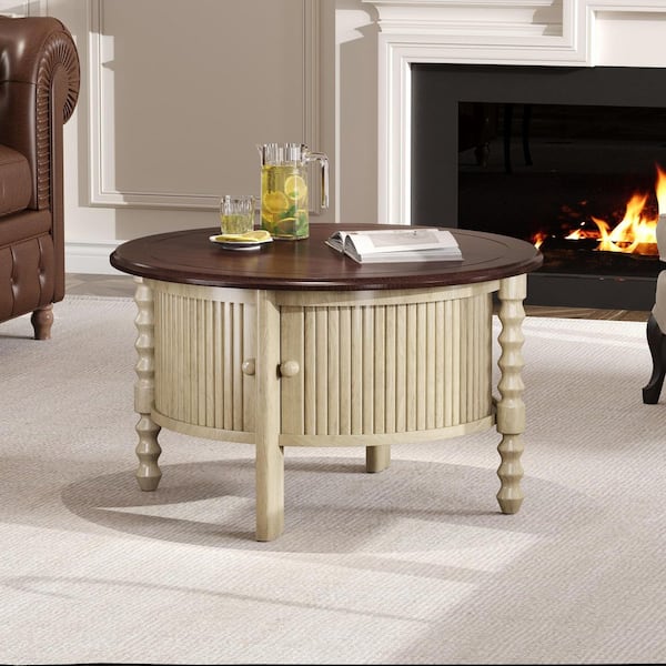 Willie Mid-Century Modern 30.3 in. Beige+Espresso Round Wood Top Coffee Table with Slide Doors, Slatted Design