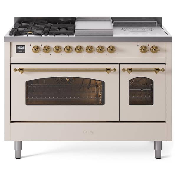 ILVE Nostalgie II 48 in. 5 Burner+Frenchtop+Griddle Freestanding Double Oven Dual Fuel Range in Antique White with Brass