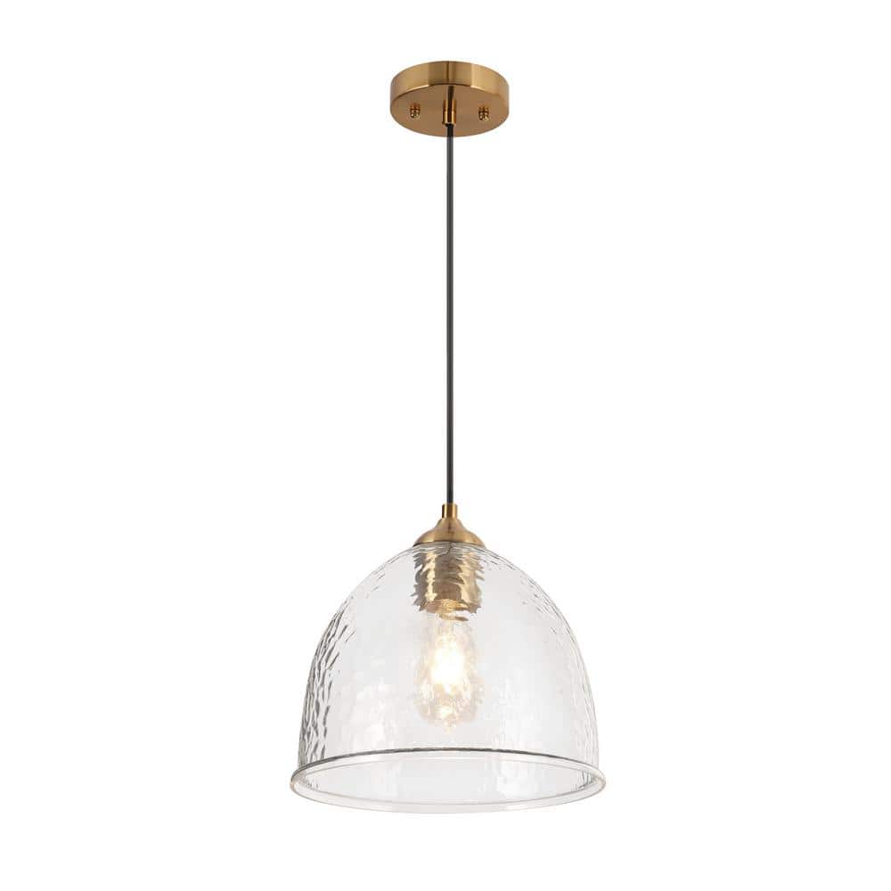 10.5 in. W 1-Light Brass Pendant Light with Waterfall Clear Glass Shade, No