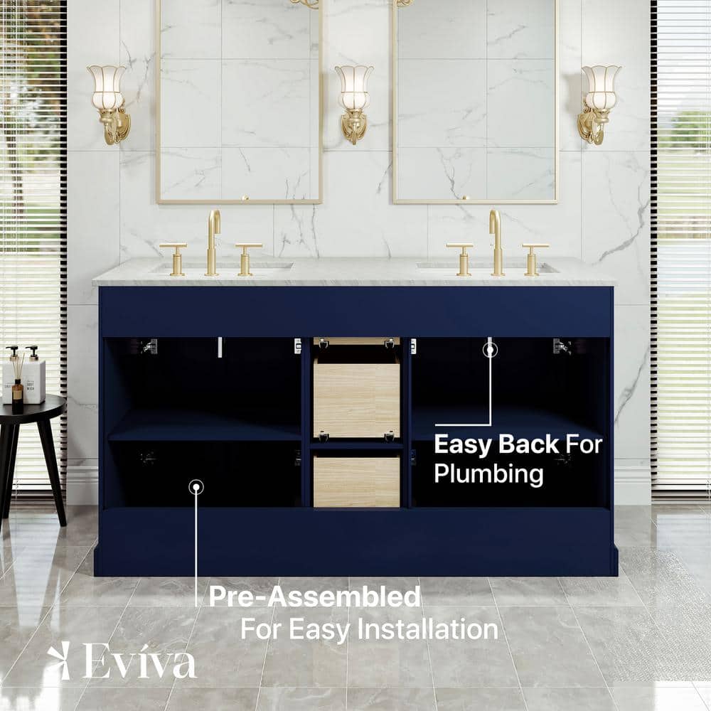 Epic Blue Solid Wood Double Sink Bathroom Vanity with Quartz Top