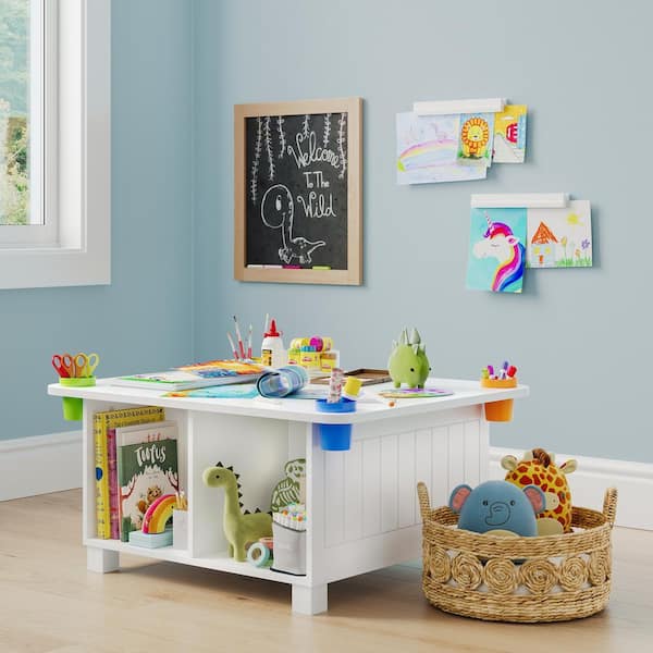 White Rectangle Kids Desk and Art Activity Table with 4-Storage Cubbies and 4-Removable Storage Cups 2-Magnetic Art Bars