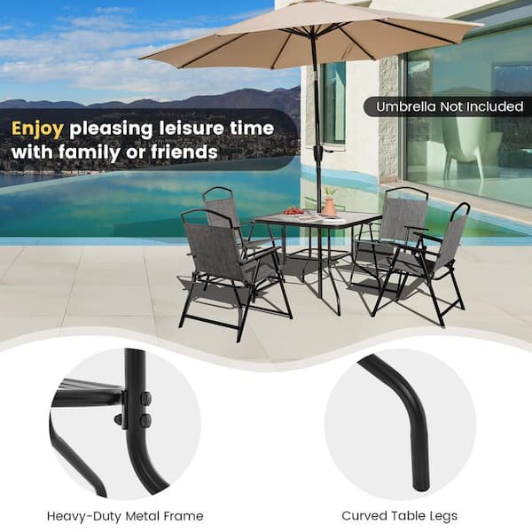 Black Square Metal Outdoor Dining Table with Tempered Glass Top and 1.5 Inch Umbrella Hole