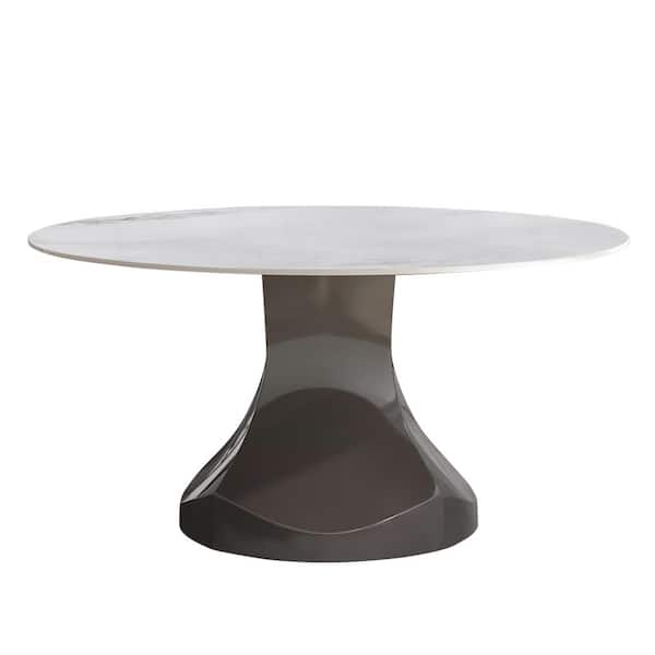 Modern Round White Chanel Rock Stone Tabletop 53.15 in. Gunmetal Grey Stainless Steel Pedestal Dining Table (4 Seats)